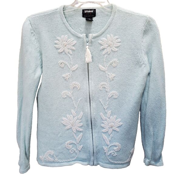 Designers Originals Studio Joy Beaded Tasseled Zip-Up Cardigan Sweater Small VTG - Picture 1 of 10